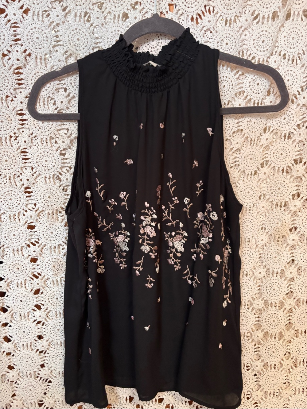 Chenault Black Sleeveless Mock Neck Top with Pink & Cream Floral Embroidery